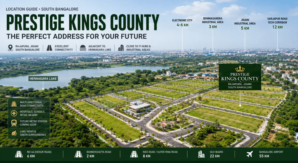 Aerial view of Prestige Kings County near Hennagara Lake in Rajapura South Bangalore showing connectivity to Electronic City and Bommasandra