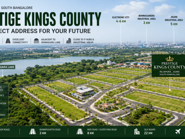 Aerial view of Prestige Kings County near Hennagara Lake in Rajapura South Bangalore showing connectivity to Electronic City and Bommasandra