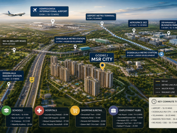 Godrej MSR City location map showing connectivity to Kempegowda International Airport, NH-44, metro stations, schools, hospitals and employment hubs in Devanahalli North Bangalore