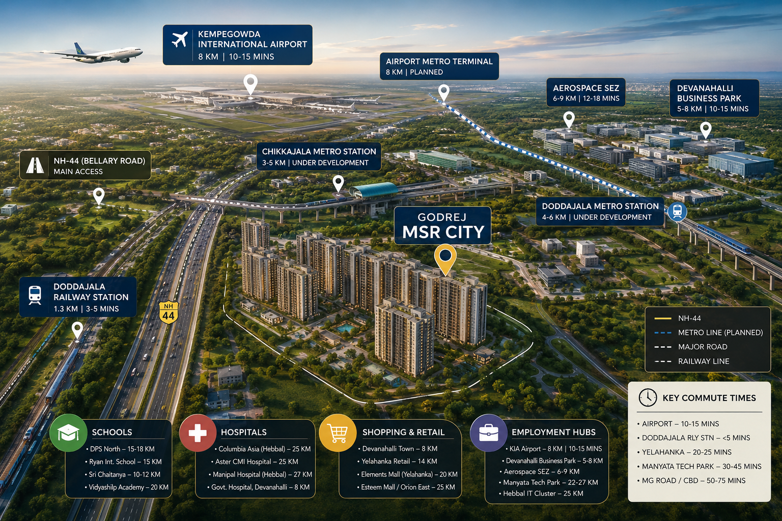 Godrej MSR City location map showing connectivity to Kempegowda International Airport, NH-44, metro stations, schools, hospitals and employment hubs in Devanahalli North Bangalore
