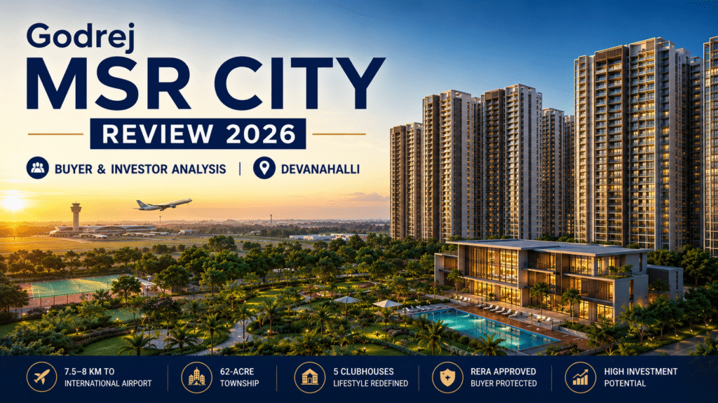 Godrej MSR City township review in Devanahalli North Bangalore featuring residential towers, clubhouse, and airport corridor connectivity.